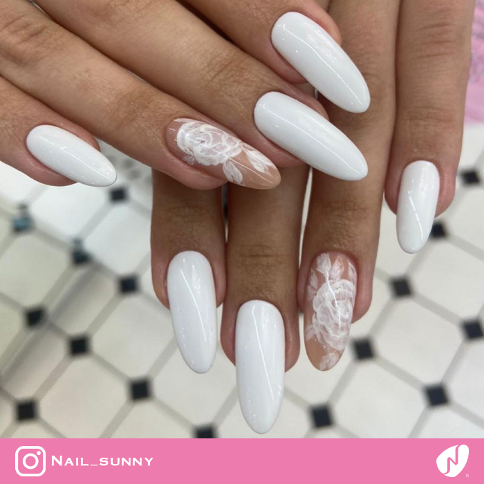 White Almond Nails With Flower Design